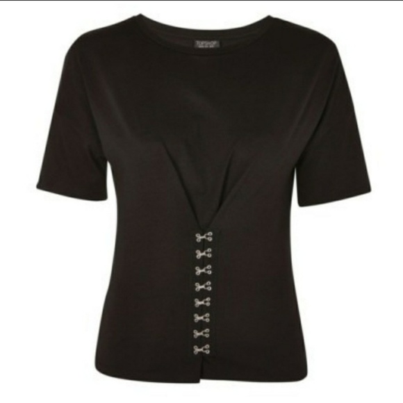 Topshop Tee Jersey Knit Short Sleeve Crew Hook & Eye Embellished Black S NWT - Picture 11 of 13